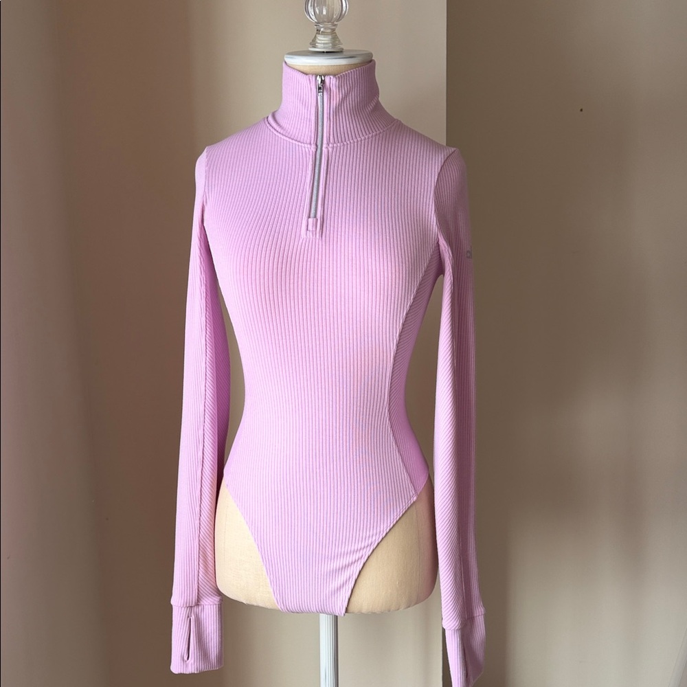 Alo Women's Pink Ribbed Long Sleeve Bodysuit